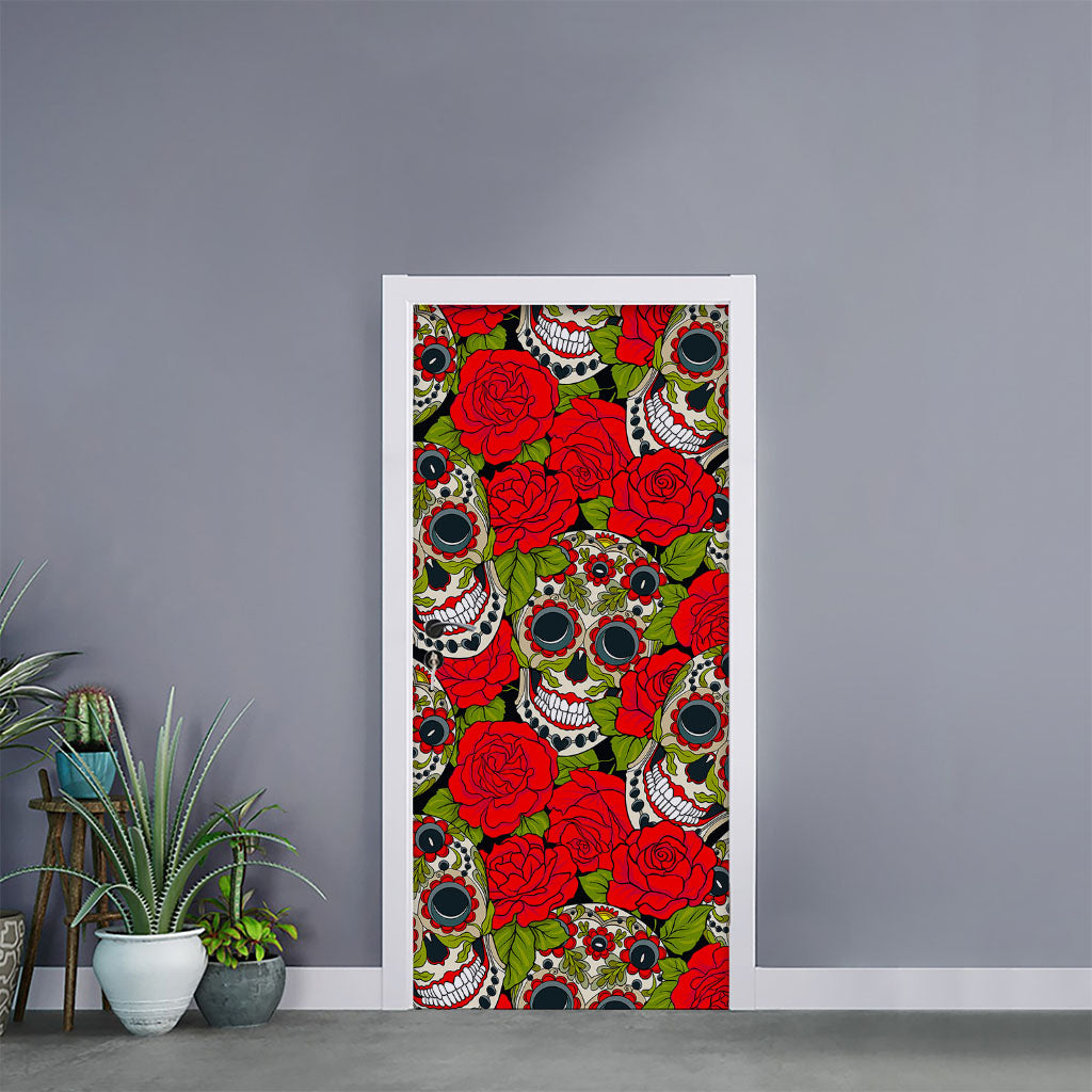 Rose Floral Sugar Skull Pattern Print Door Sticker
