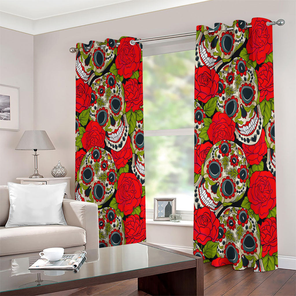 Rose Floral Sugar Skull Pattern Print Extra Wide Grommet Curtains