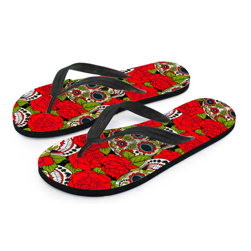 Rose Floral Sugar Skull Pattern Print Flip Flops