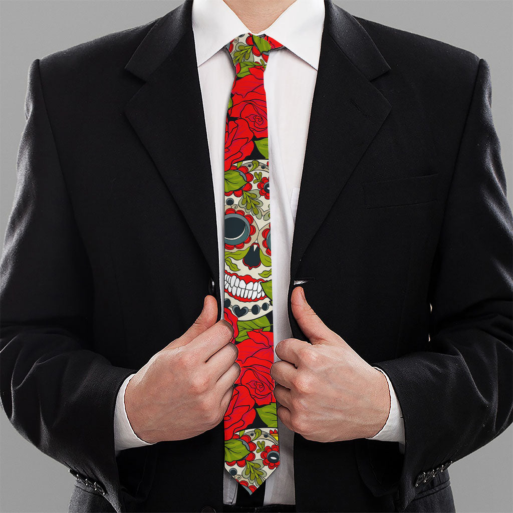 Rose Floral Sugar Skull Pattern Print Necktie