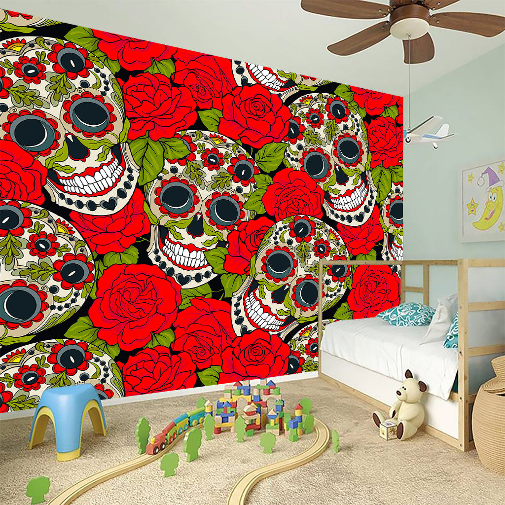 Rose Floral Sugar Skull Pattern Print Wall Sticker