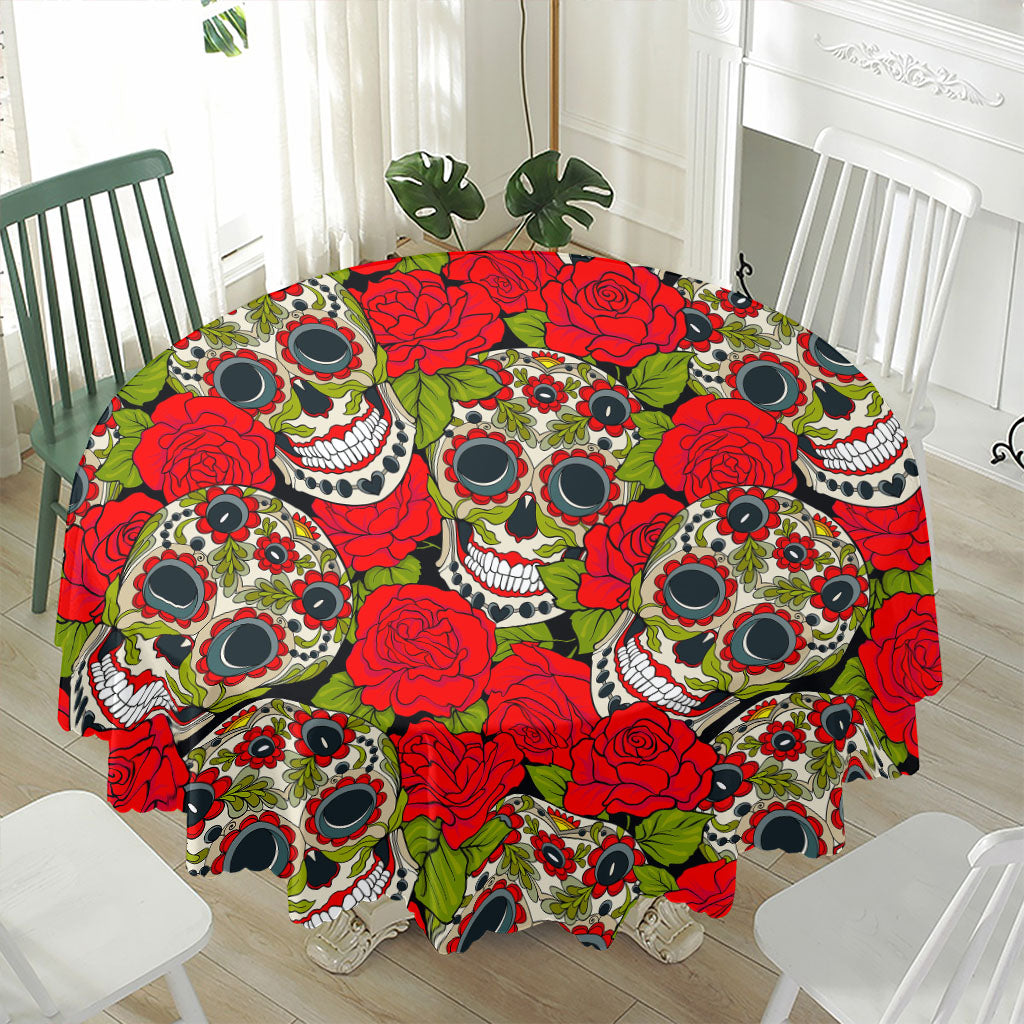 Rose Floral Sugar Skull Pattern Print Waterproof Round Tablecloth
