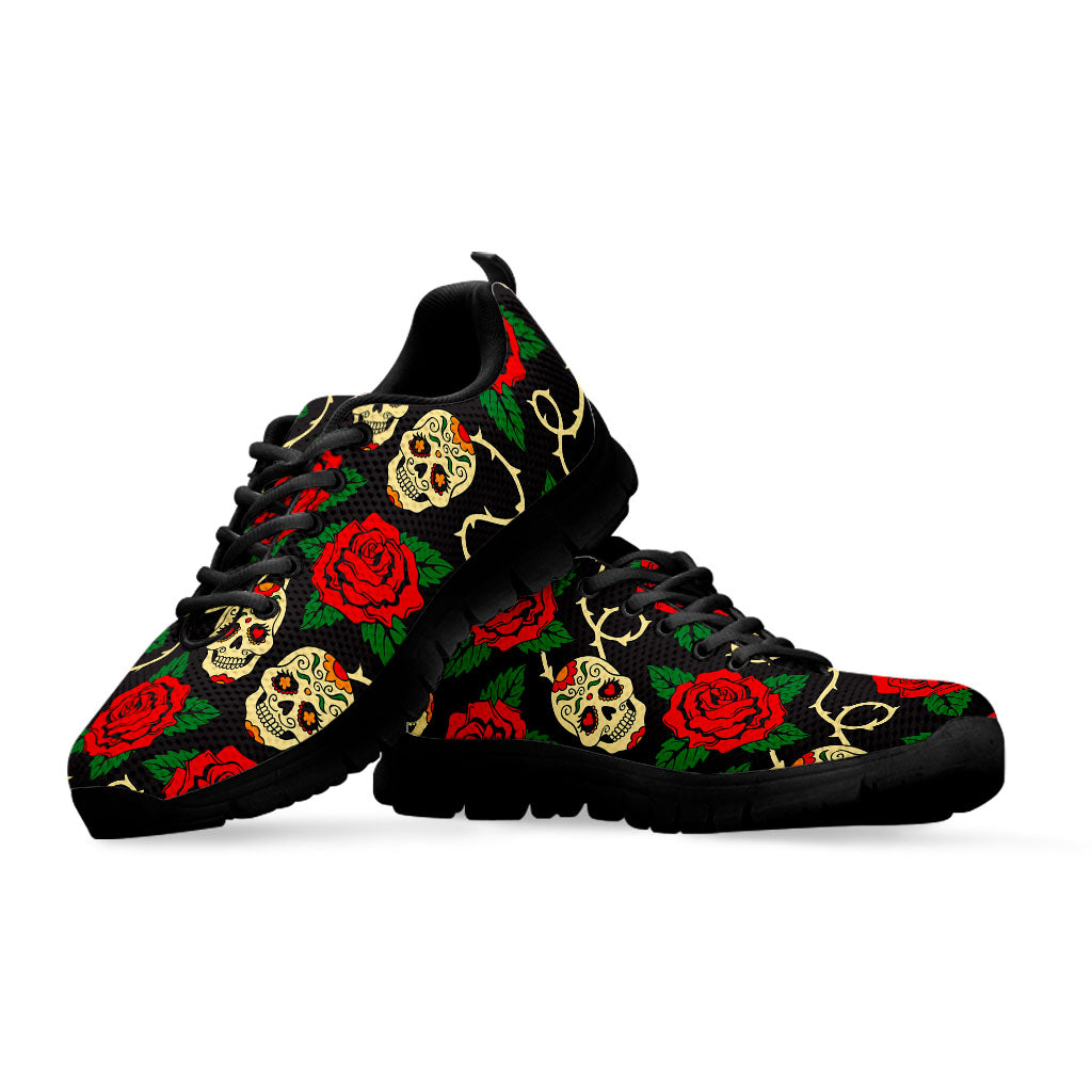 Rose Flower Sugar Skull Pattern Print Black Running Shoes