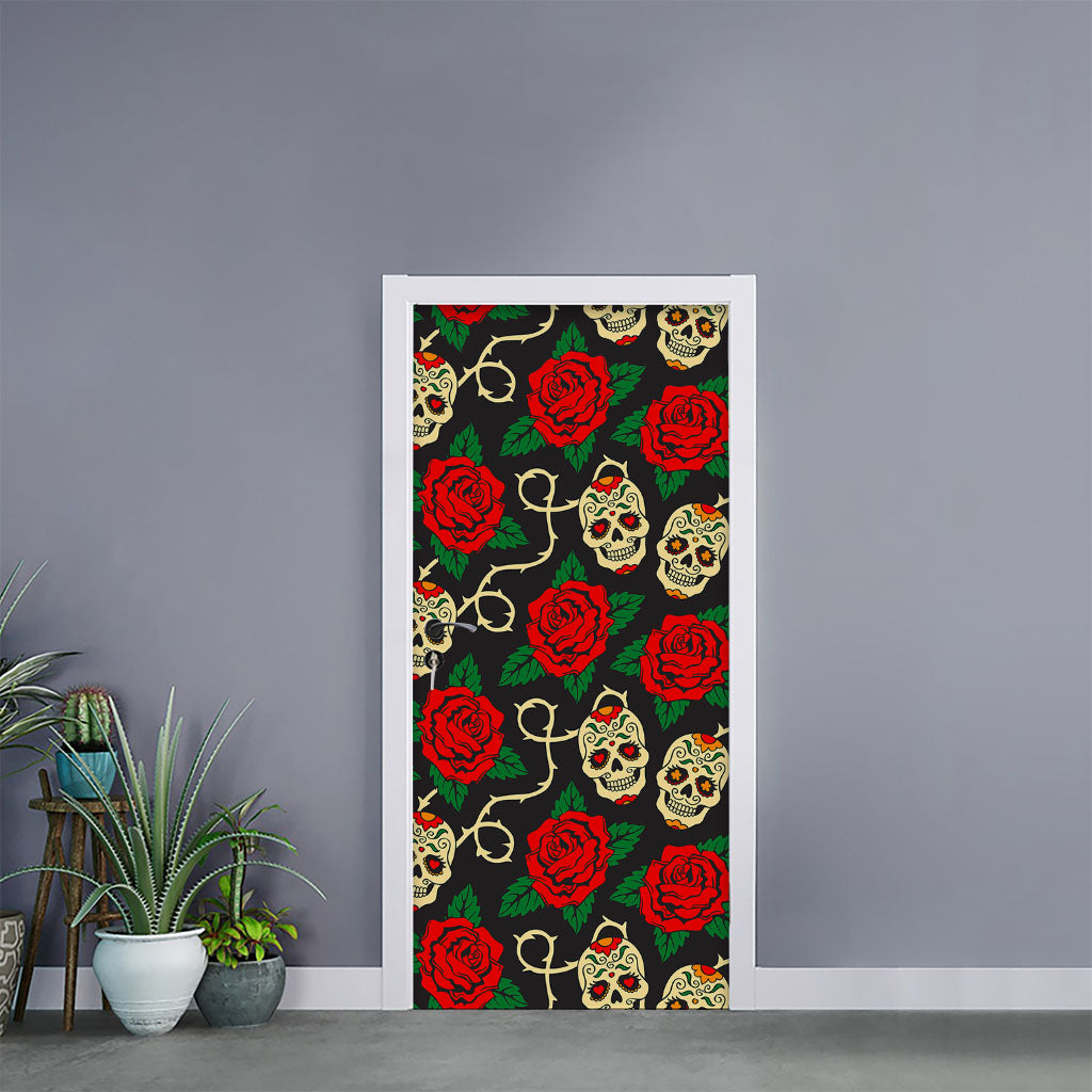 Rose Flower Sugar Skull Pattern Print Door Sticker