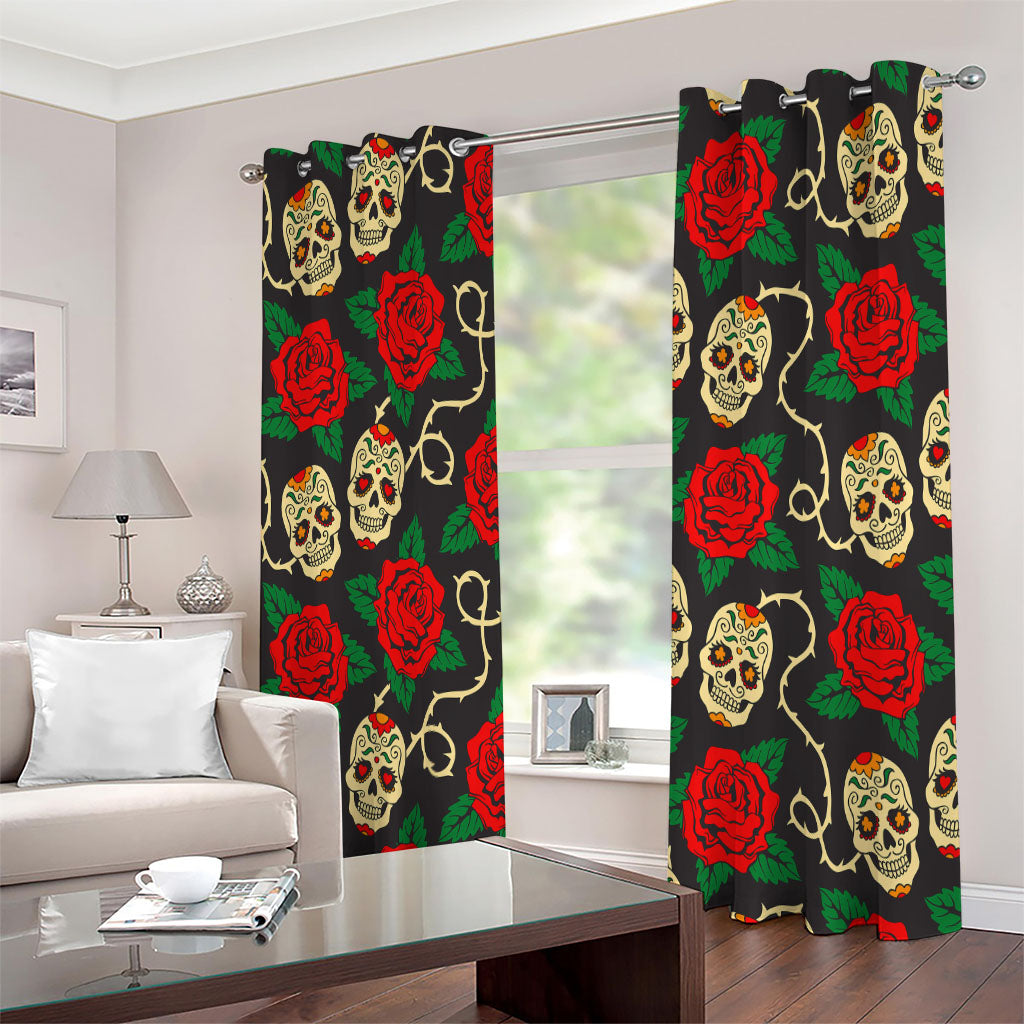 Rose Flower Sugar Skull Pattern Print Extra Wide Grommet Curtains