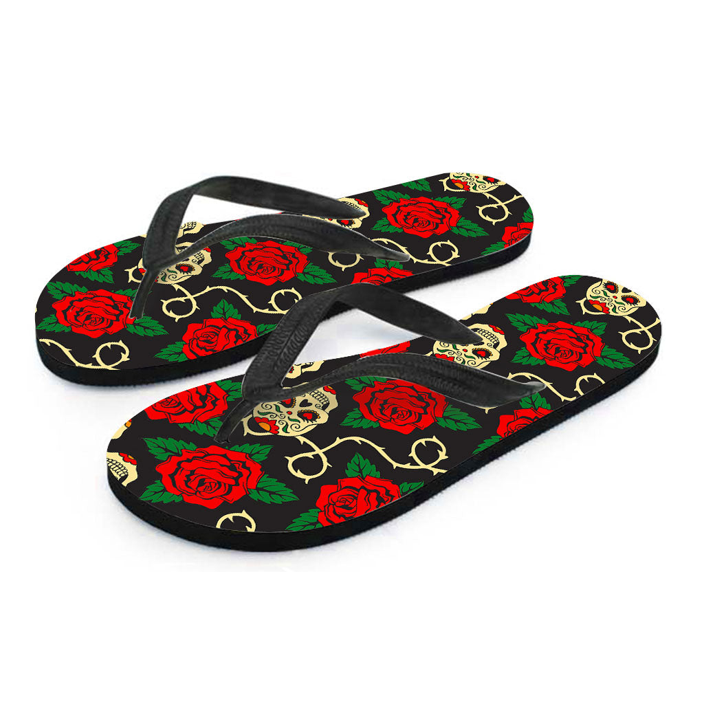 Rose Flower Sugar Skull Pattern Print Flip Flops