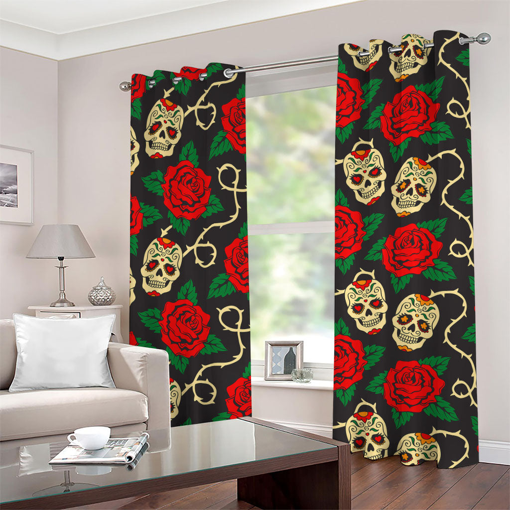 Rose Flower Sugar Skull Pattern Print Grommet Curtains