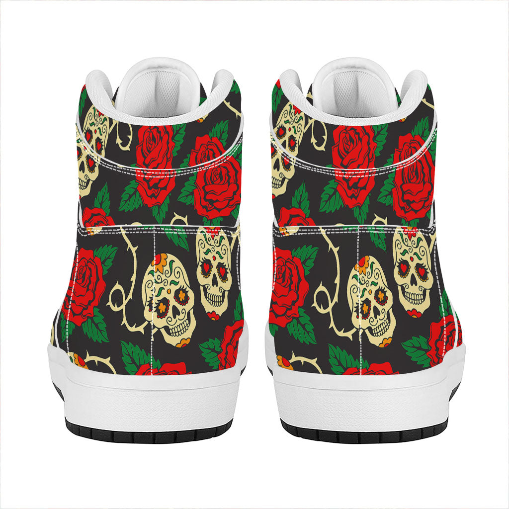 Rose Flower Sugar Skull Pattern Print High Top Leather Sneakers