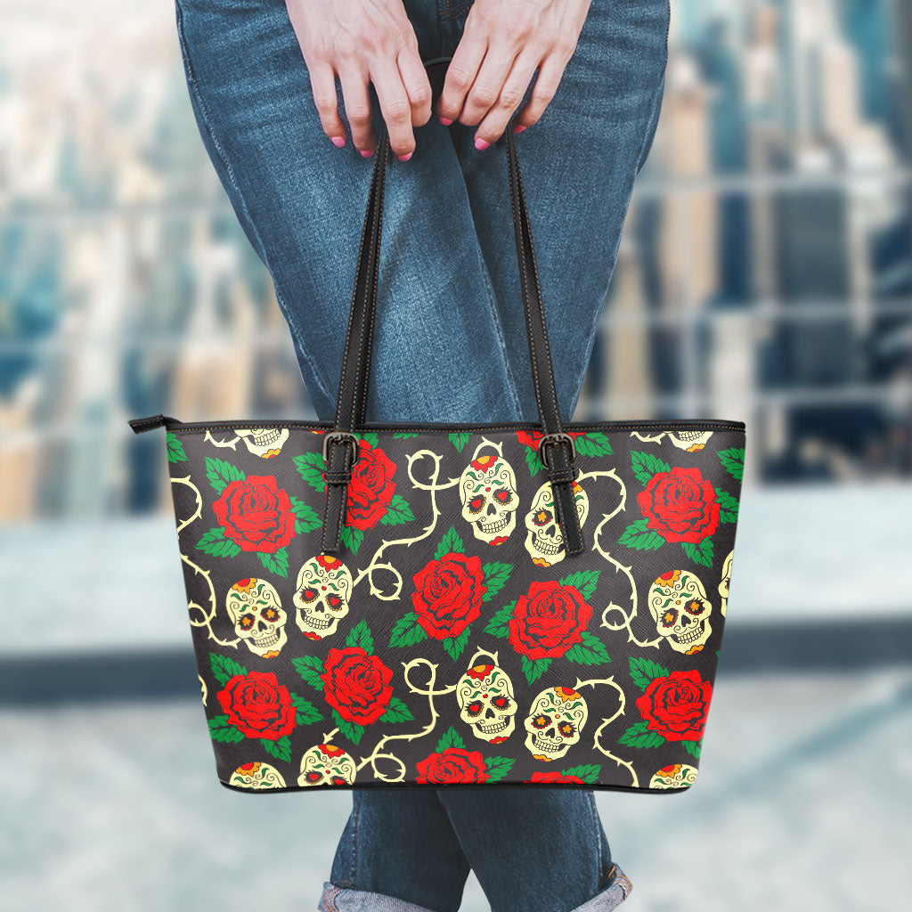 Rose Flower Sugar Skull Pattern Print Leather Tote Bag