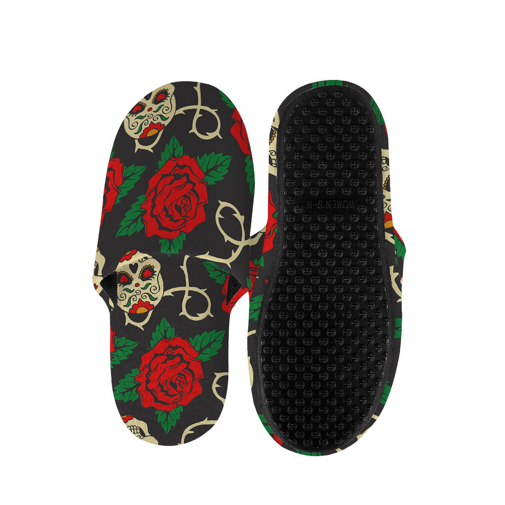Rose Flower Sugar Skull Pattern Print Slippers