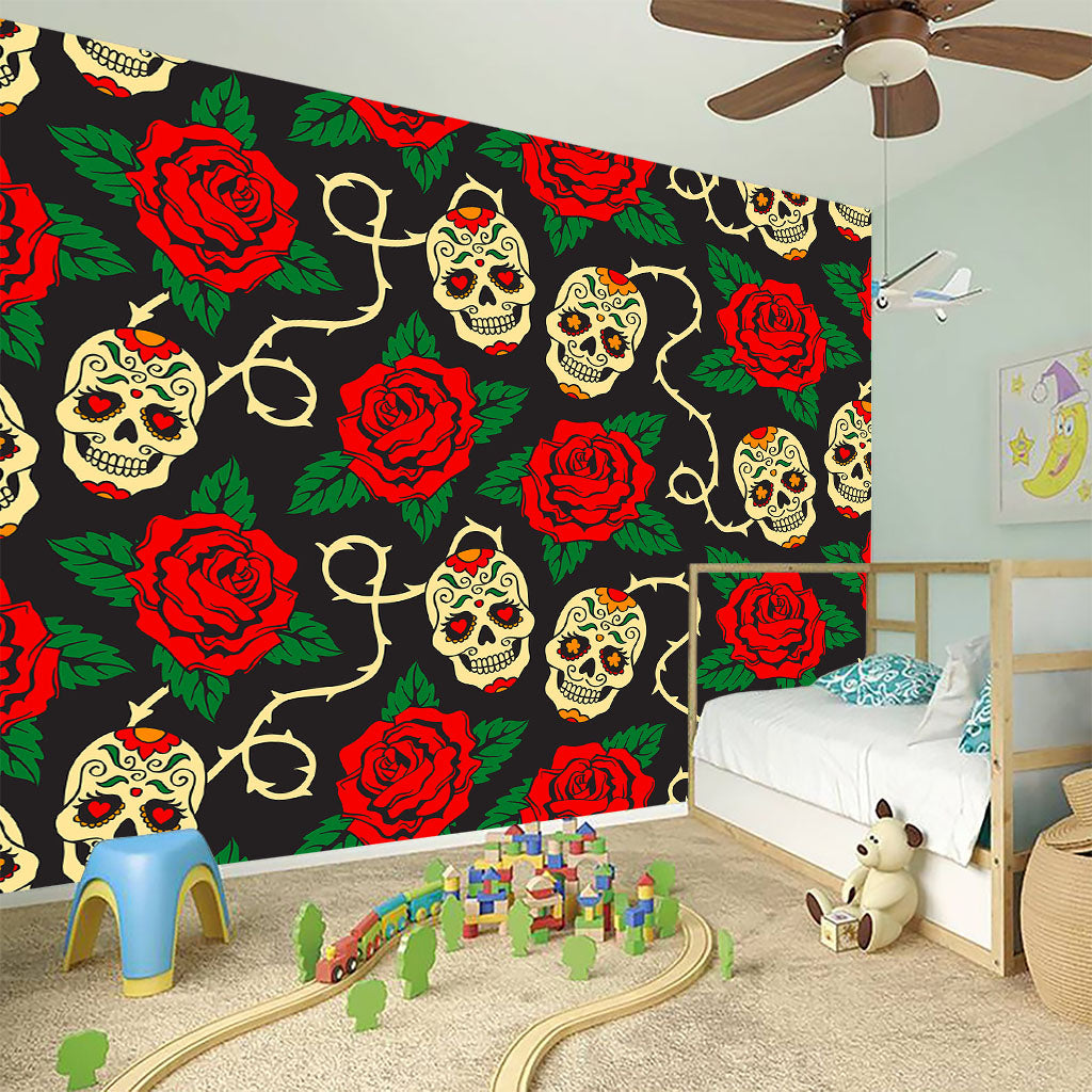 Rose Flower Sugar Skull Pattern Print Wall Sticker
