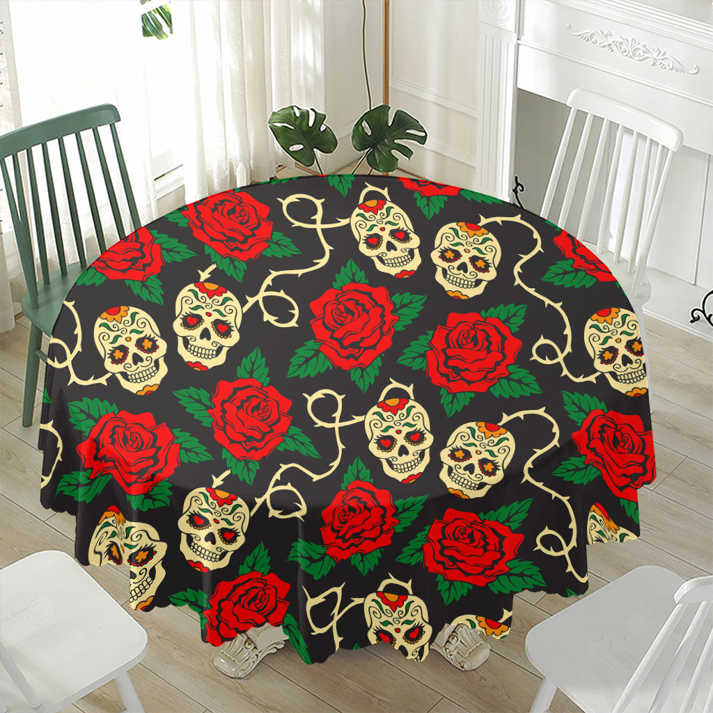 Rose Flower Sugar Skull Pattern Print Waterproof Round Tablecloth