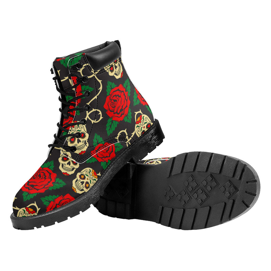 Rose Flower Sugar Skull Pattern Print Work Boots