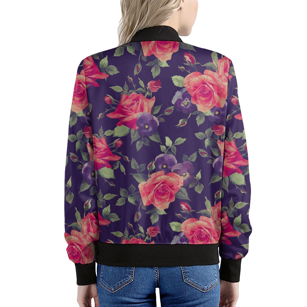 Rose Pansy Floral Flower Pattern Print Women's Bomber Jacket