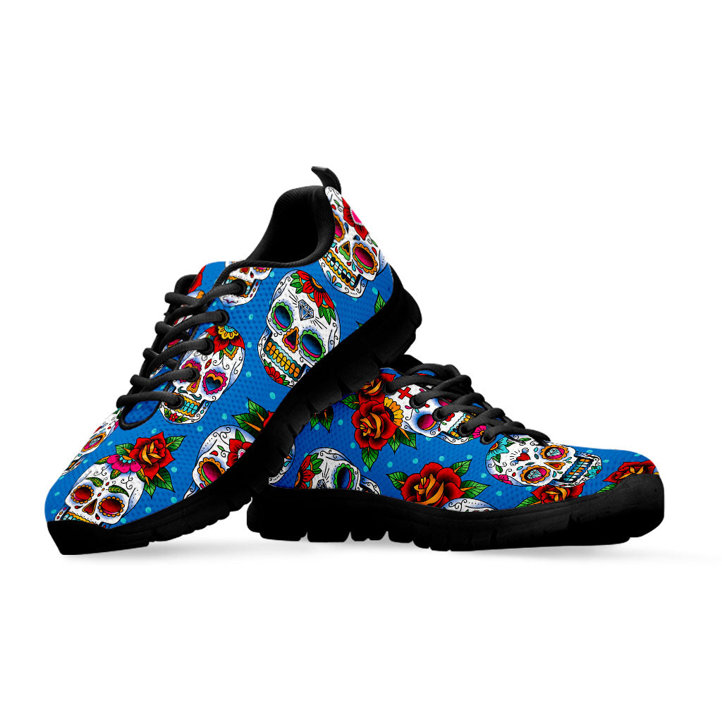 Rose Sugar Skull Pattern Print Black Running Shoes