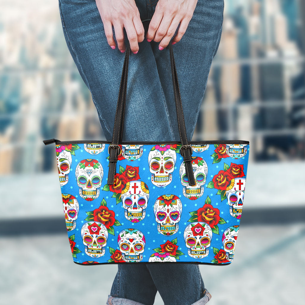 Rose Sugar Skull Pattern Print Leather Tote Bag