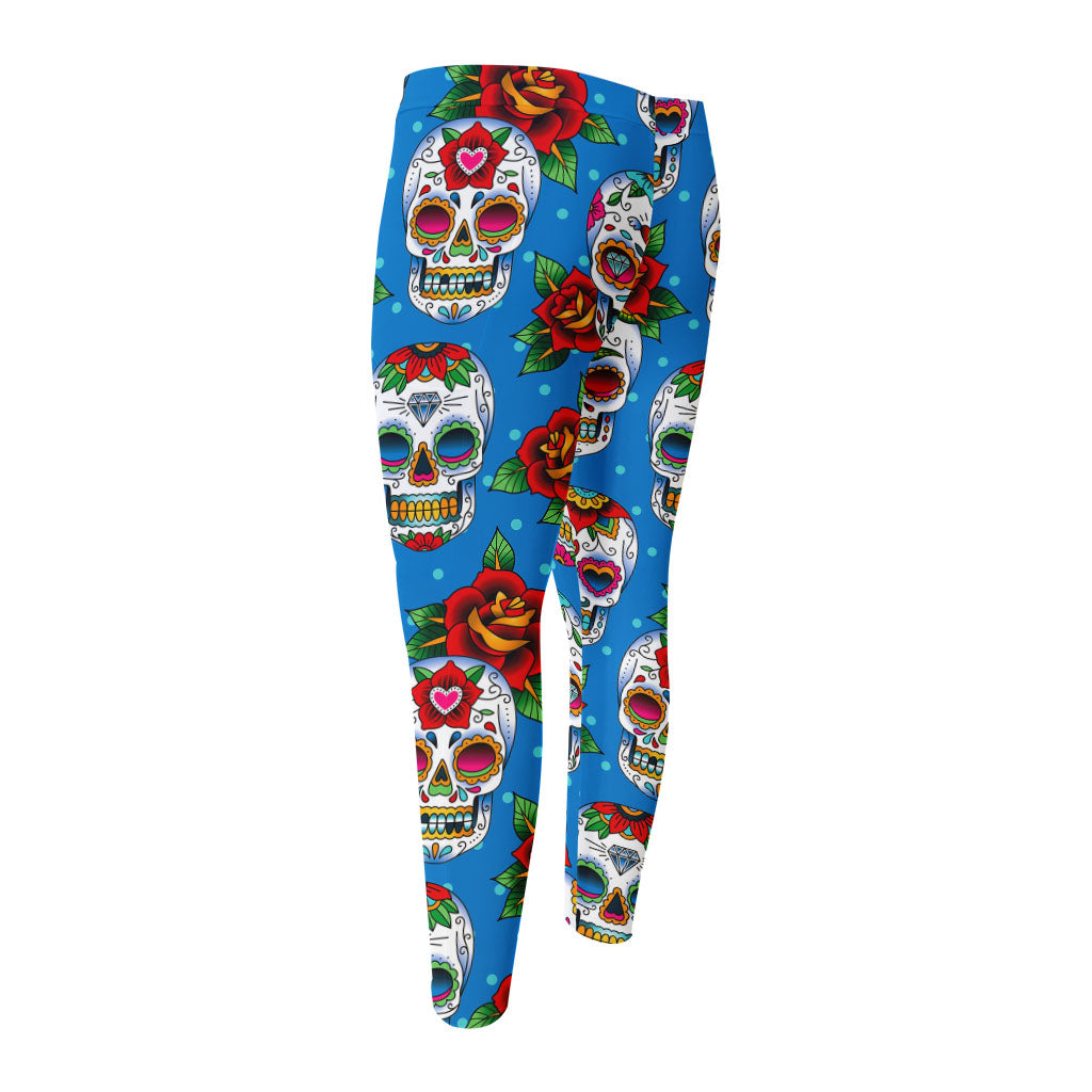 Rose Sugar Skull Pattern Print Men's Compression Pants