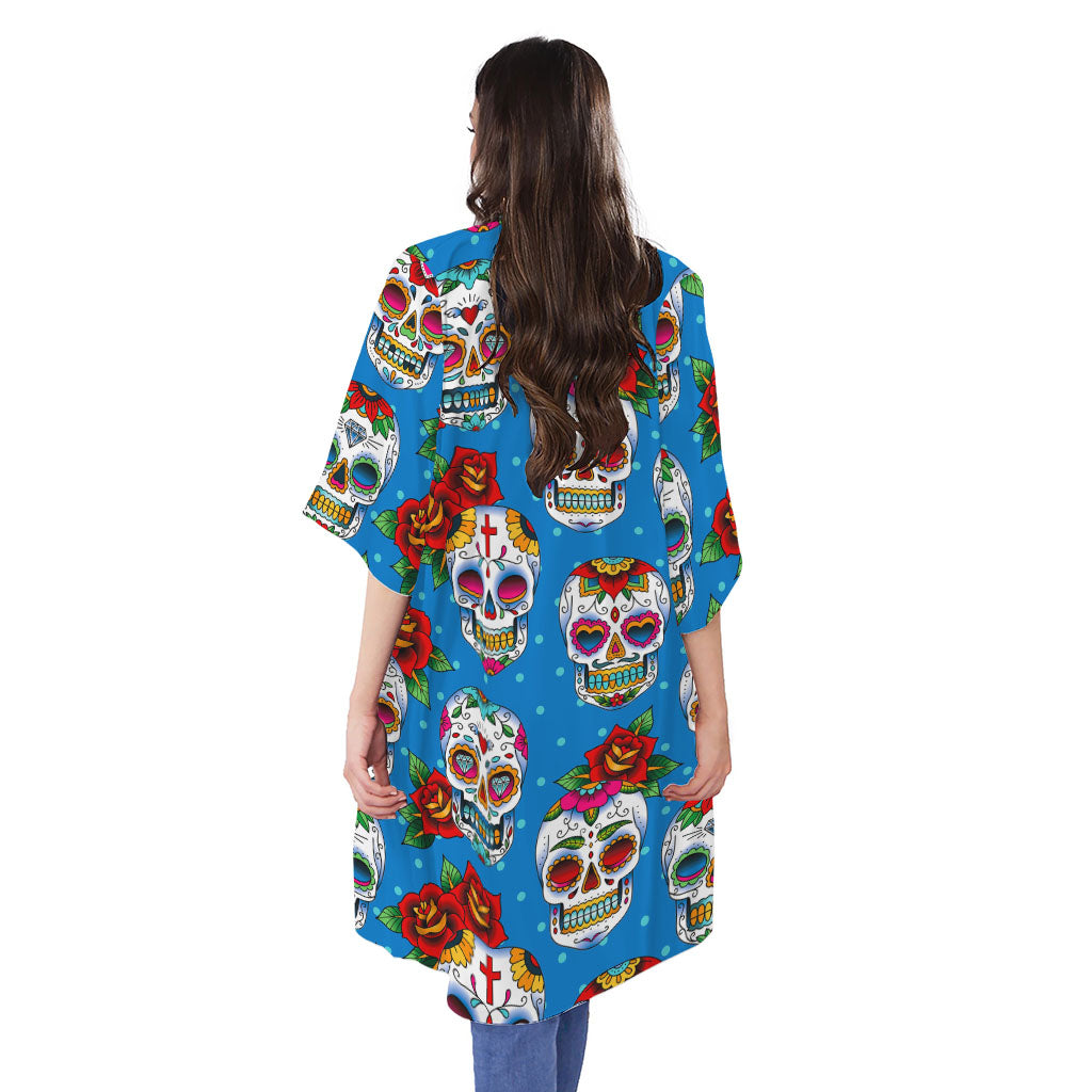 Rose Sugar Skull Pattern Print Open Front Beach Cover Up
