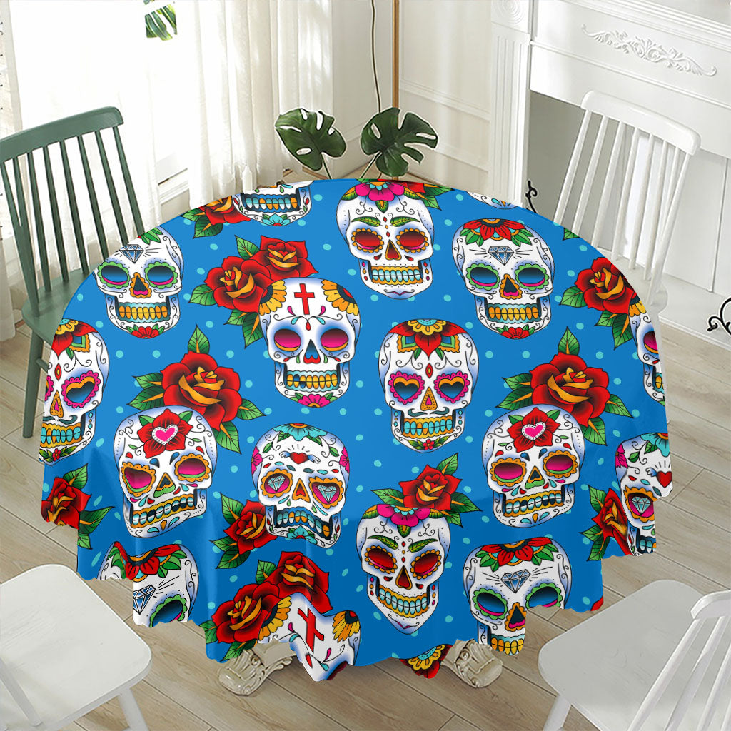 Rose Sugar Skull Pattern Print Waterproof Round Tablecloth