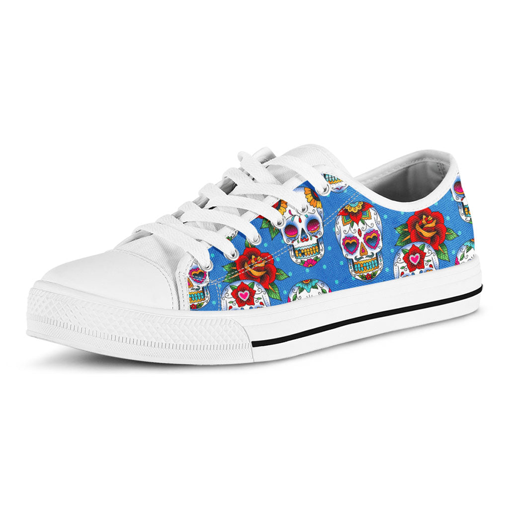 Rose Sugar Skull Pattern Print White Low Top Sneakers