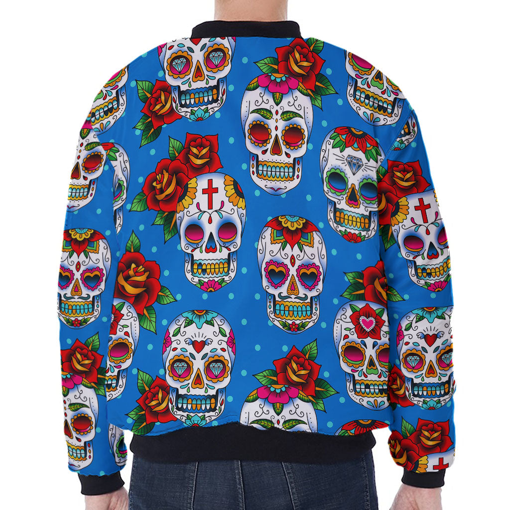 Rose Sugar Skull Pattern Print Zip Sleeve Bomber Jacket