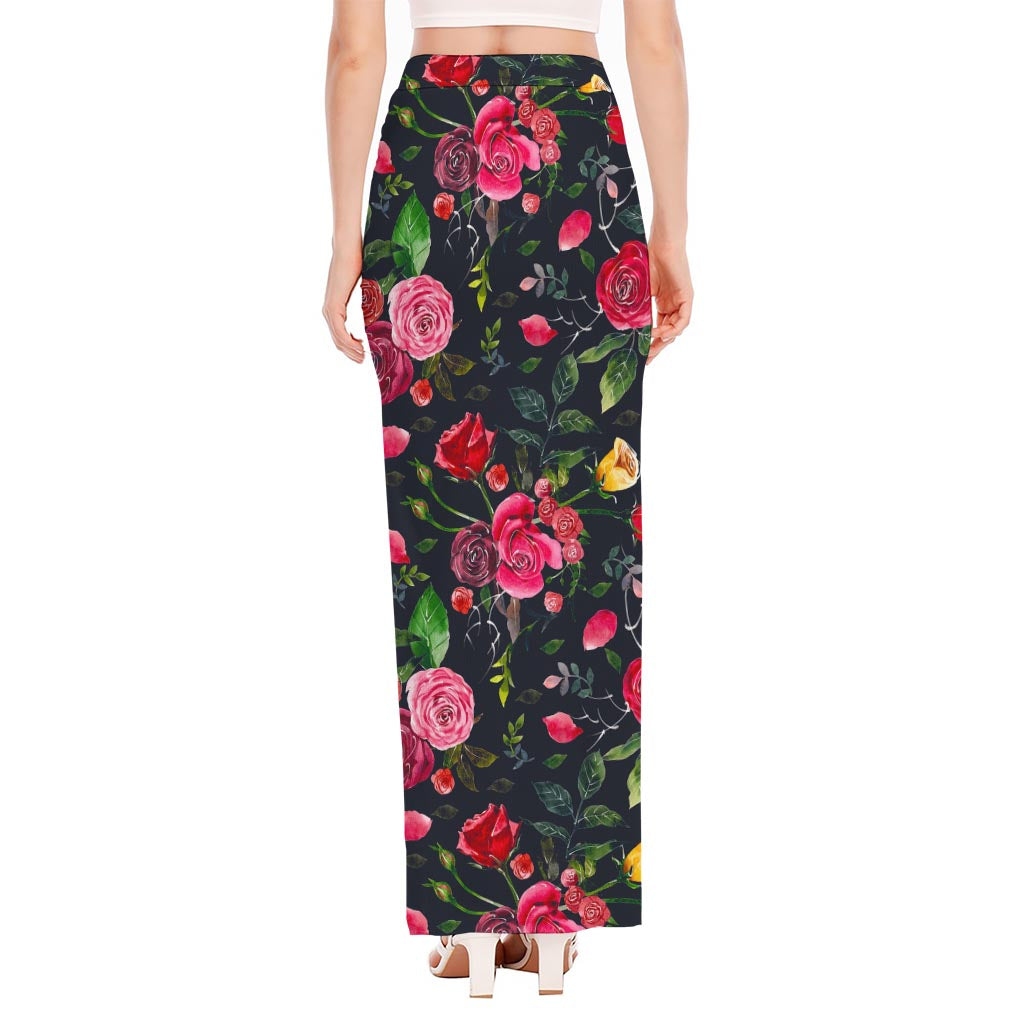 Roses Floral Flower Pattern Print High Slit Maxi Skirt