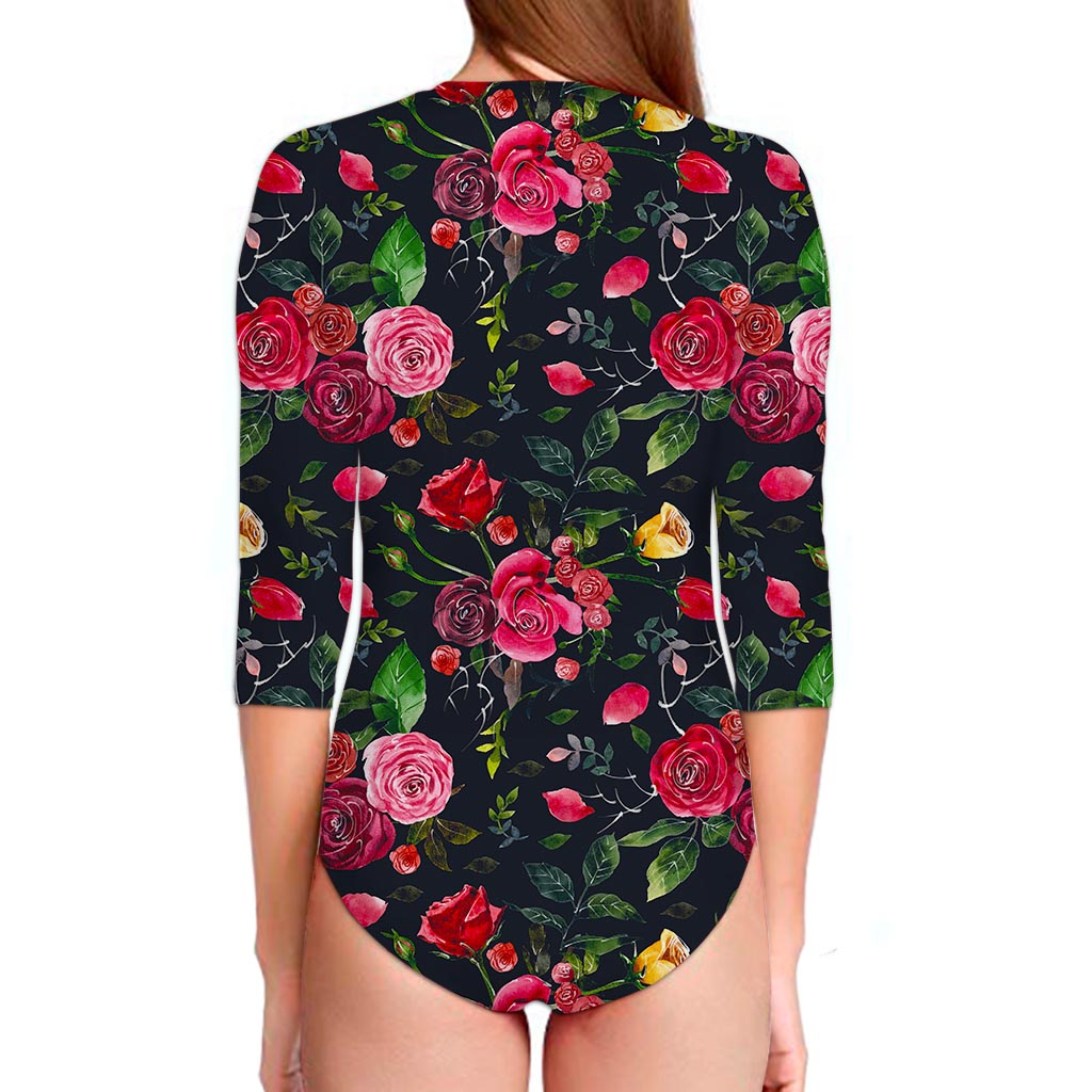 Roses Floral Flower Pattern Print Long Sleeve Swimsuit