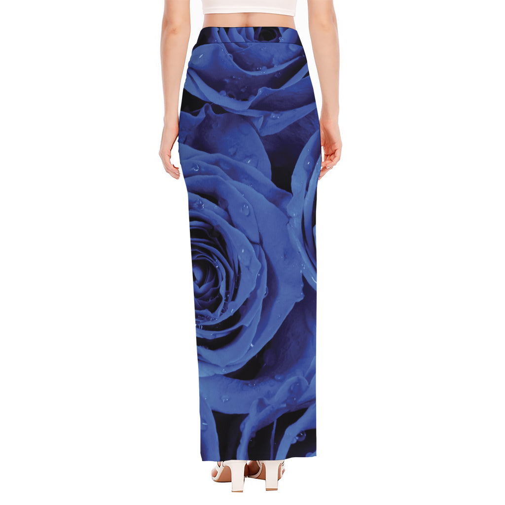 Royal Blue Rose Print High Slit Maxi Skirt