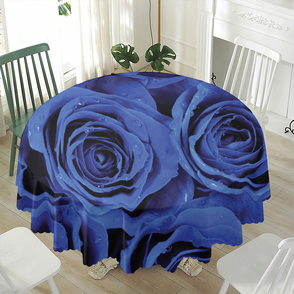 Royal Blue Rose Print Waterproof Round Tablecloth
