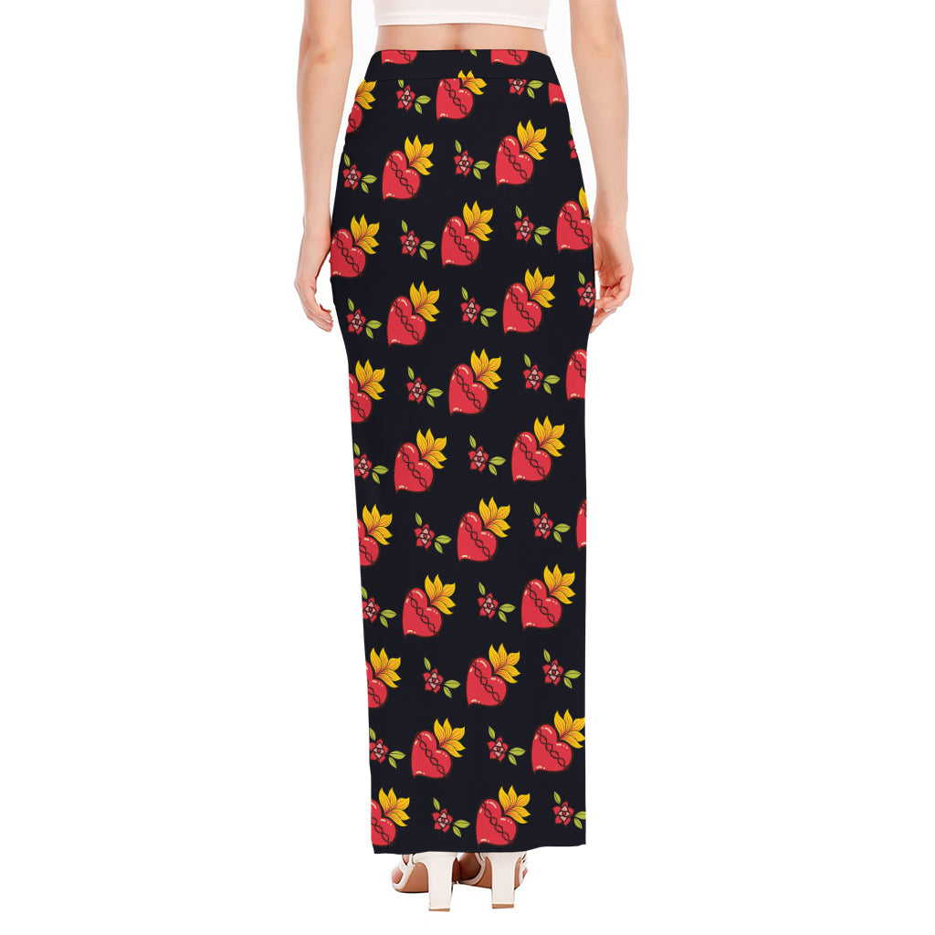 Sacred Heart Pattern Print High Slit Maxi Skirt