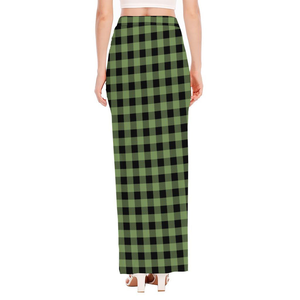 Sage Green Buffalo Check Pattern Print High Slit Maxi Skirt