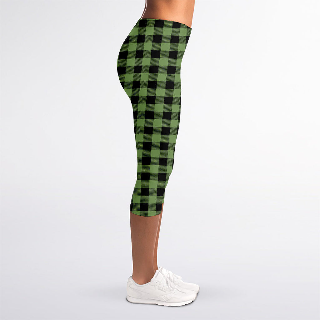 Sage Green Buffalo Check Pattern Print Women's Capri Leggings