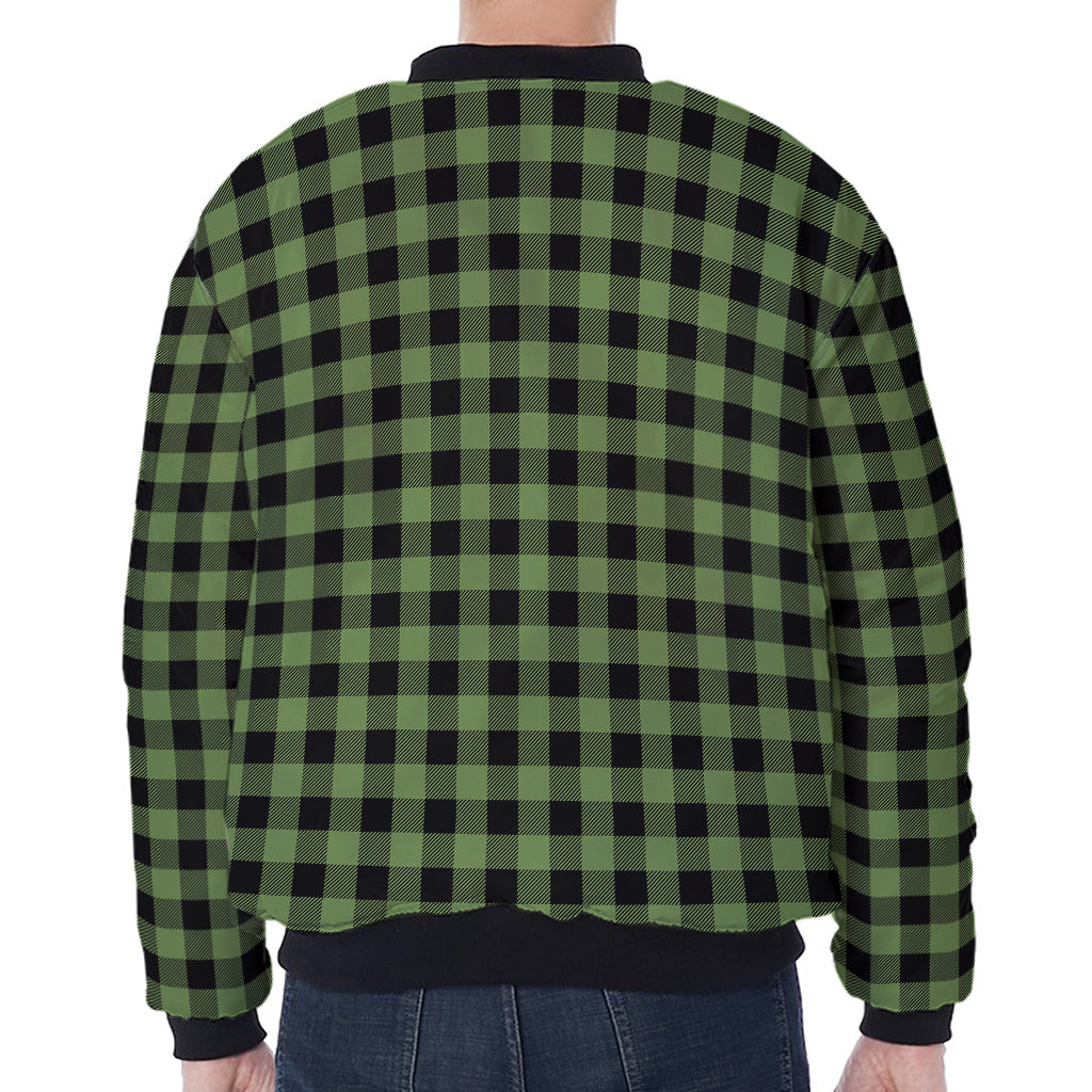 Sage Green Buffalo Check Pattern Print Zip Sleeve Bomber Jacket
