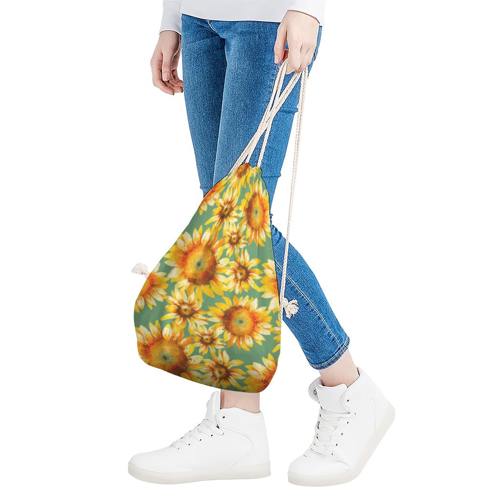 Sage Watercolor Sunflower Pattern Print Drawstring Bag