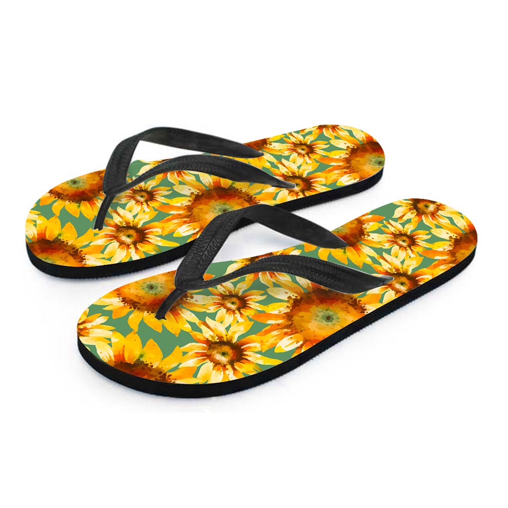 Sage Watercolor Sunflower Pattern Print Flip Flops