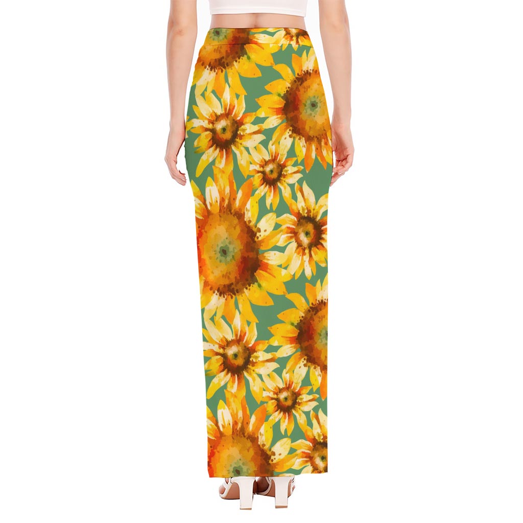 Sage Watercolor Sunflower Pattern Print High Slit Maxi Skirt