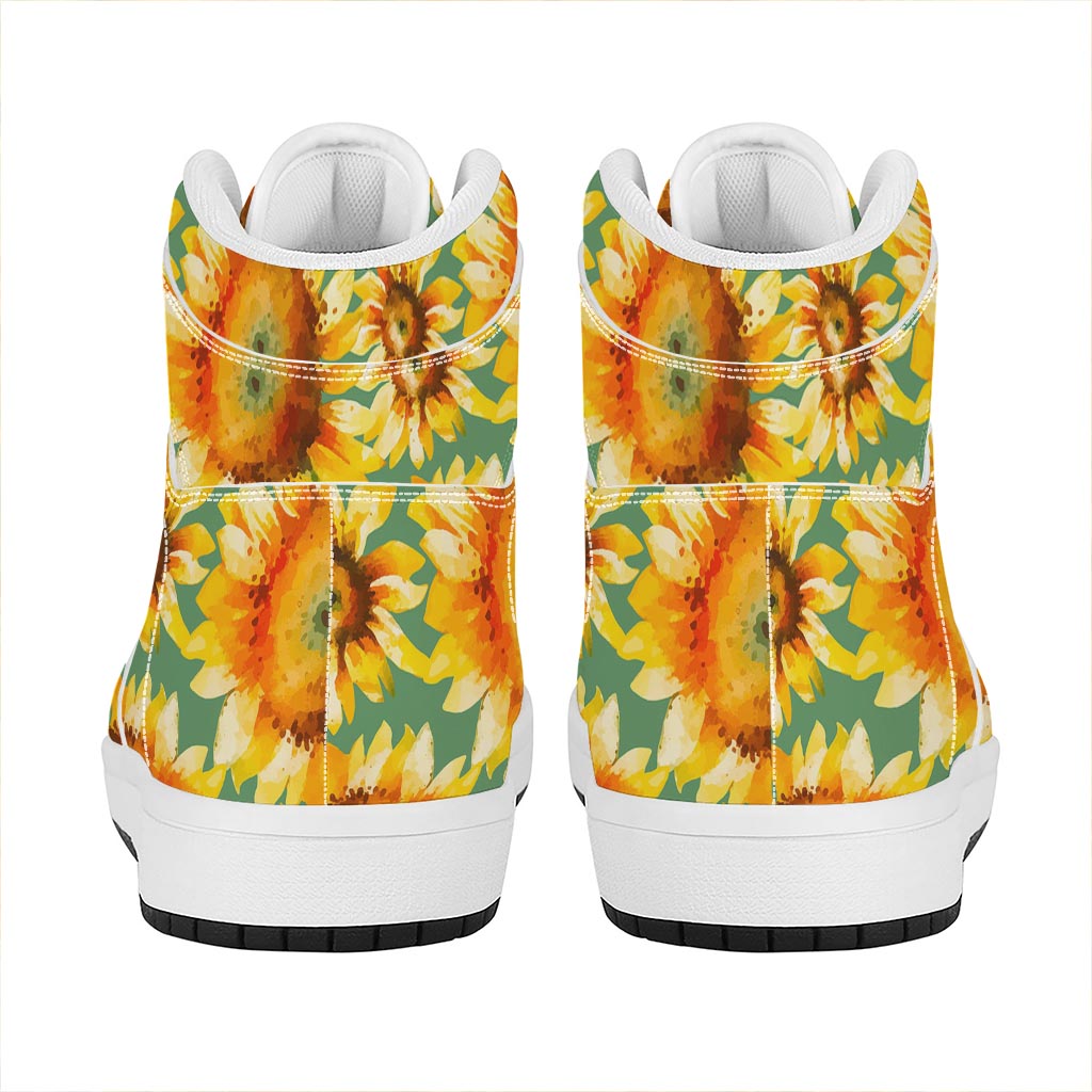 Sage Watercolor Sunflower Pattern Print High Top Leather Sneakers