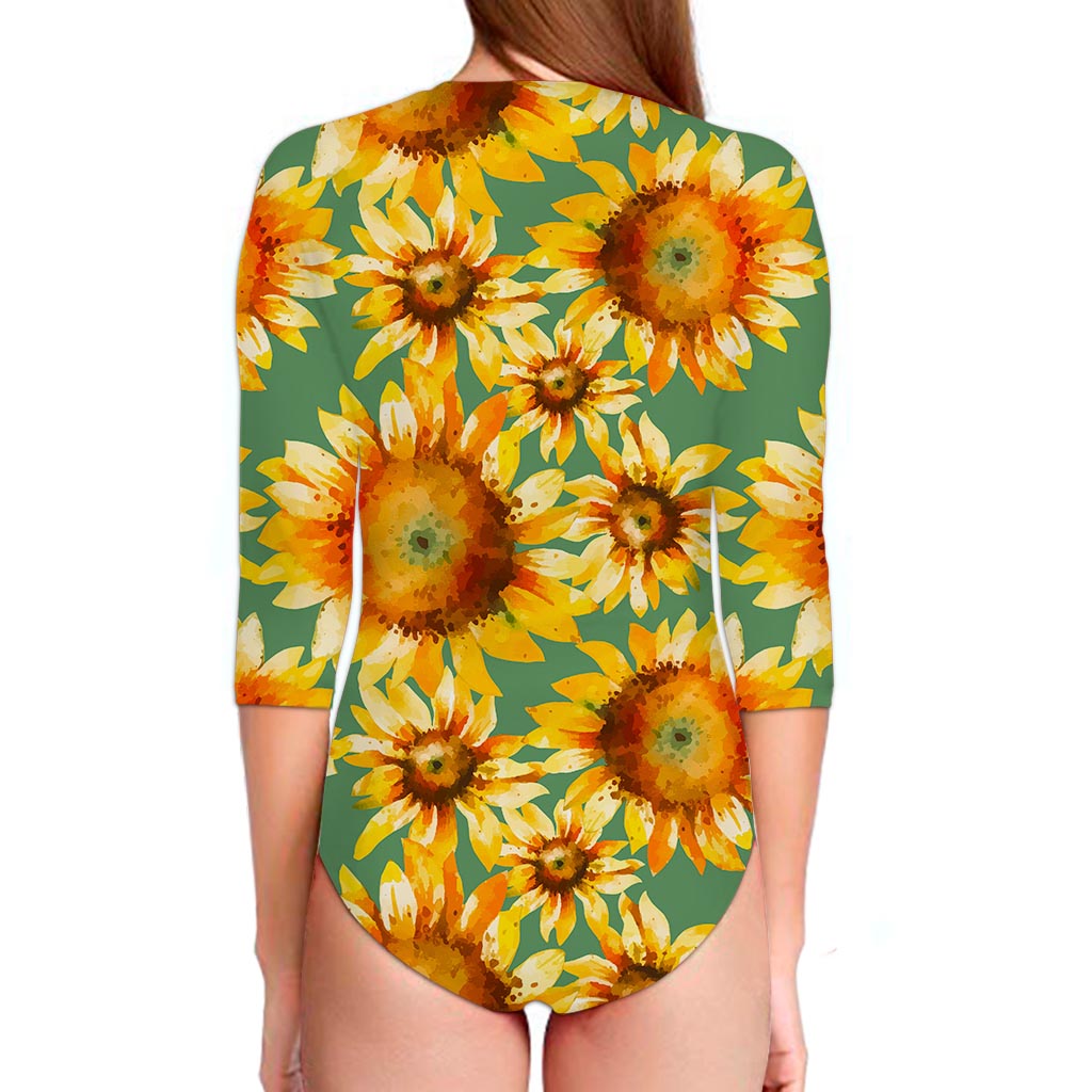 Sage Watercolor Sunflower Pattern Print Long Sleeve Swimsuit