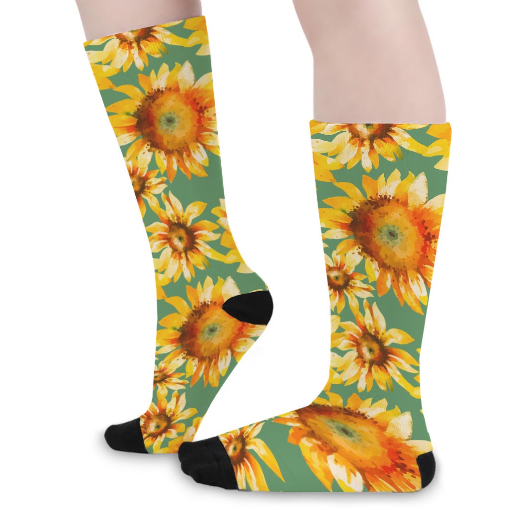 Sage Watercolor Sunflower Pattern Print Long Socks