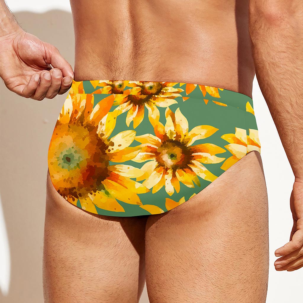 Sage Watercolor Sunflower Pattern Print Men's Swim Briefs