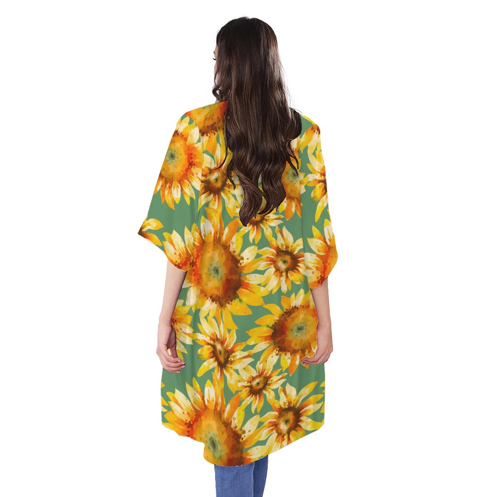 Sage Watercolor Sunflower Pattern Print Open Front Beach Cover Up