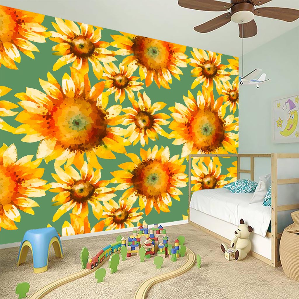 Sage Watercolor Sunflower Pattern Print Wall Sticker
