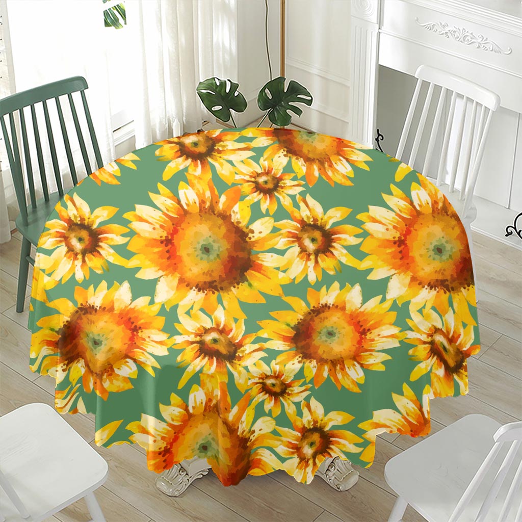 Sage Watercolor Sunflower Pattern Print Waterproof Round Tablecloth