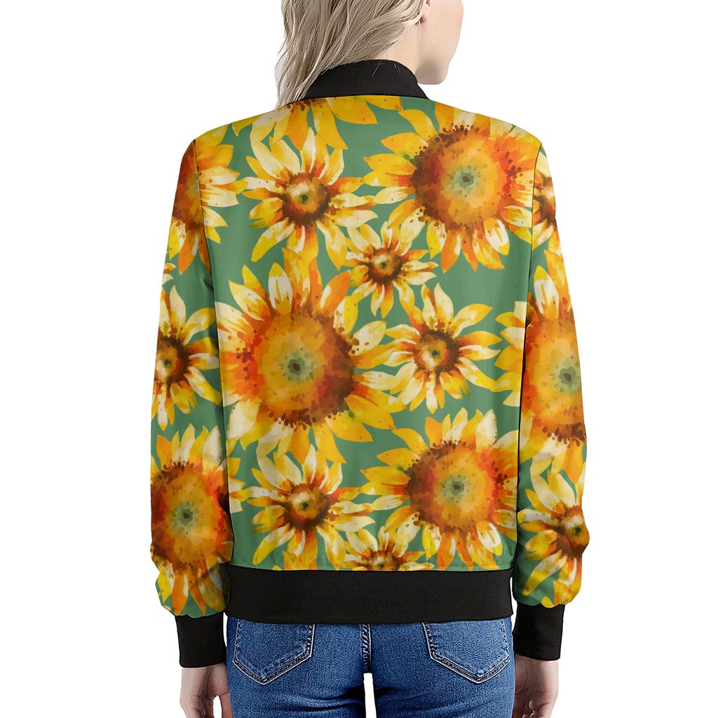 Sage Watercolor Sunflower Pattern Print Women's Bomber Jacket