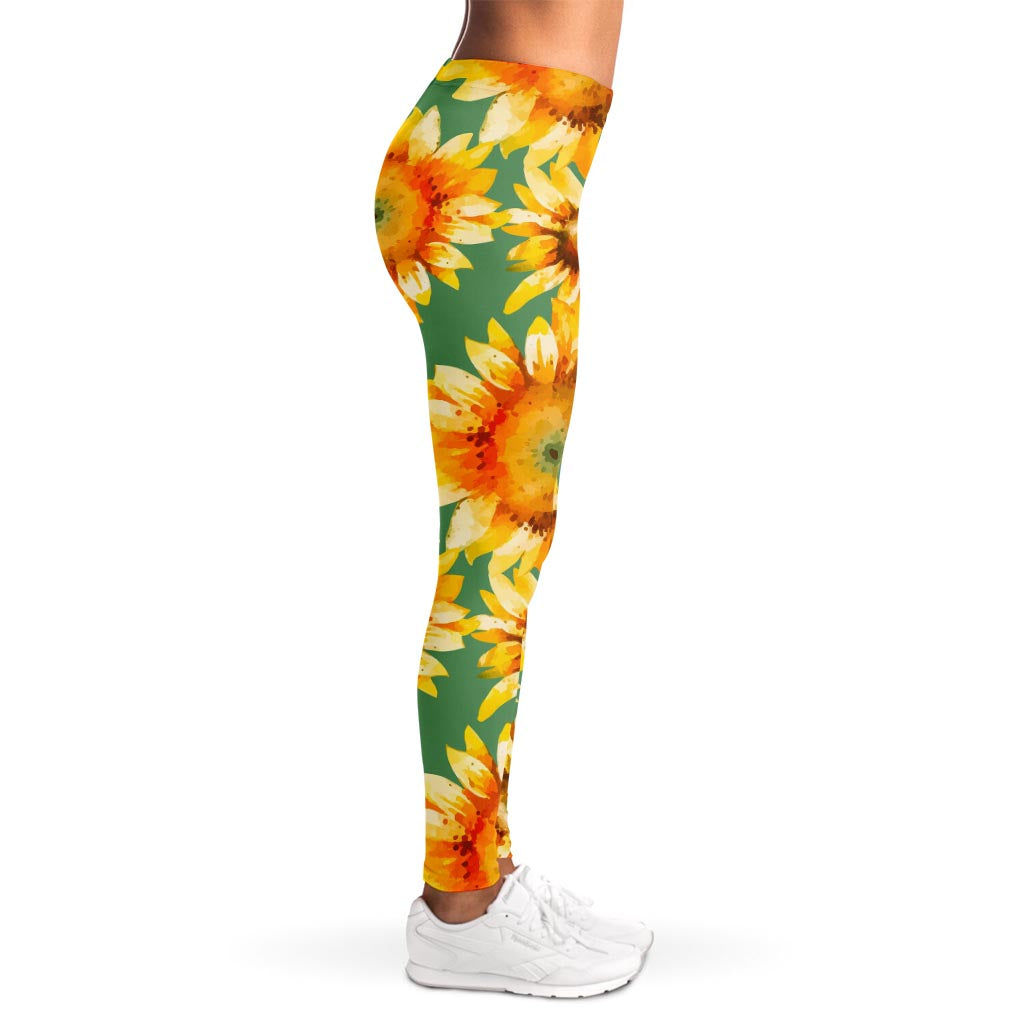 Sage Watercolor Sunflower Pattern Print Women's Leggings