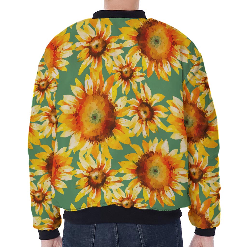 Sage Watercolor Sunflower Pattern Print Zip Sleeve Bomber Jacket