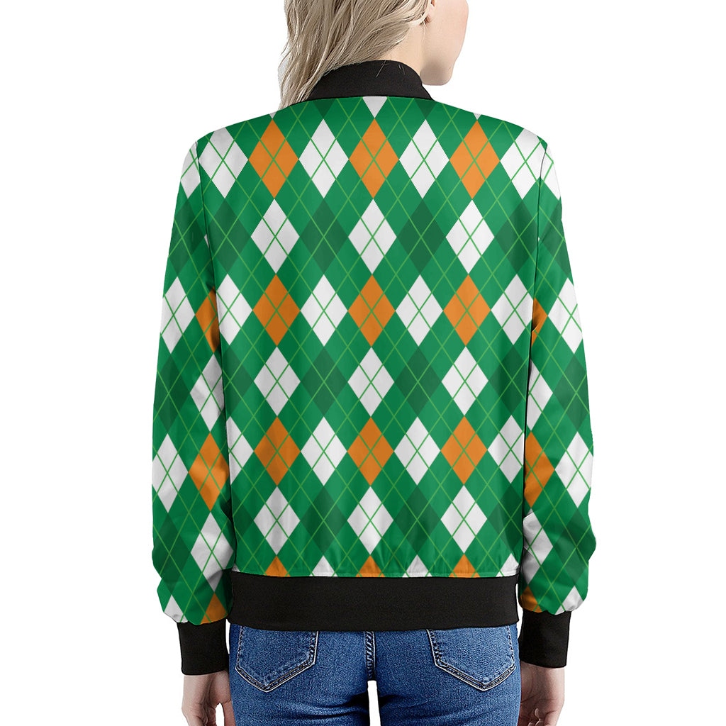 Saint Patrick's Day Argyle Pattern Print Women's Bomber Jacket