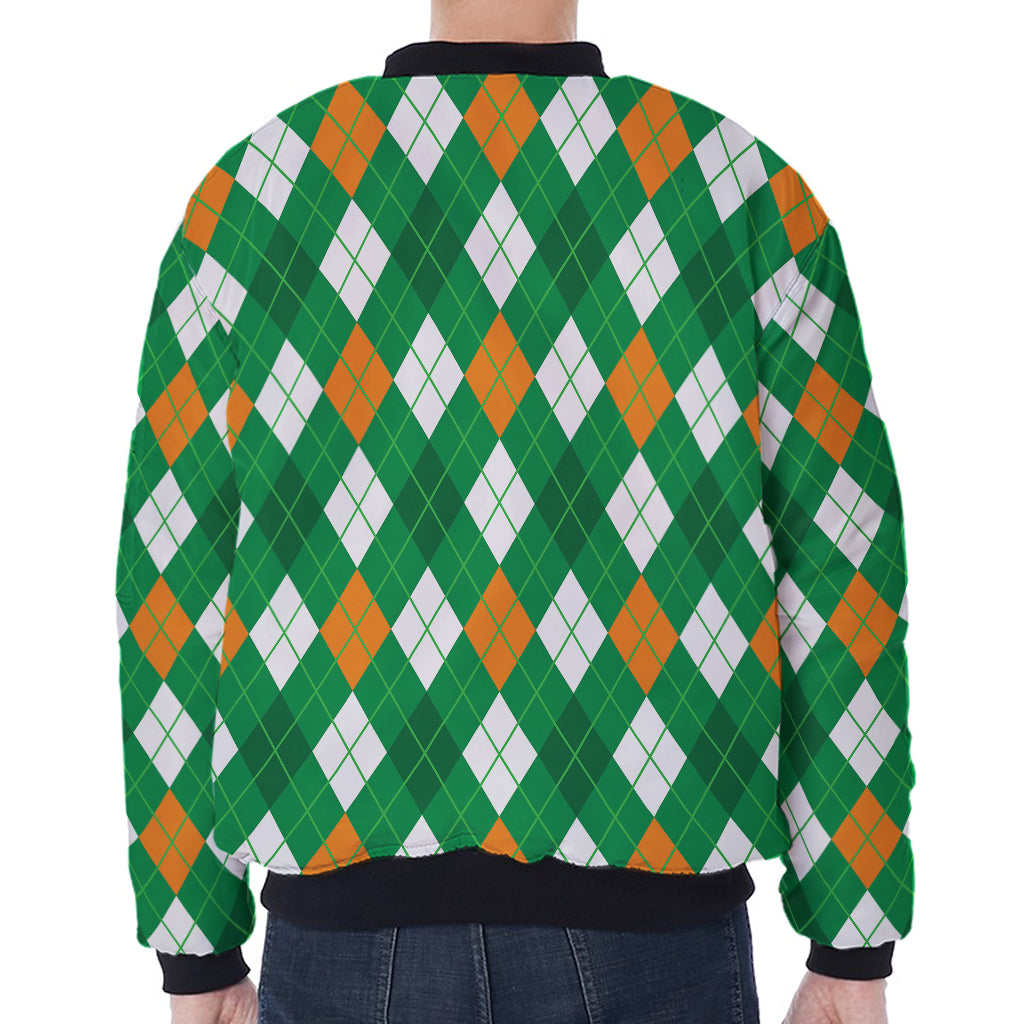 Saint Patrick's Day Argyle Pattern Print Zip Sleeve Bomber Jacket