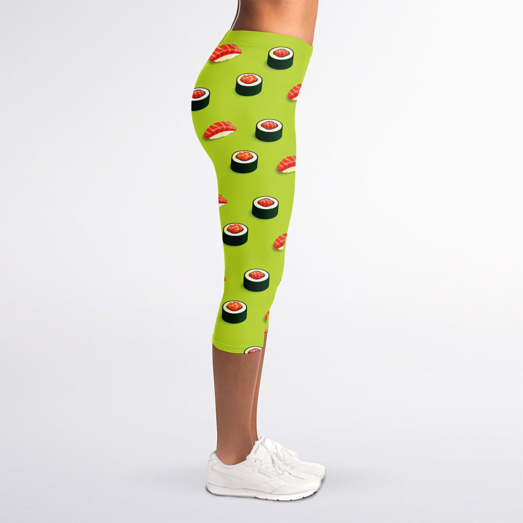Salmon Sushi And Rolls Pattern Print Women's Capri Leggings