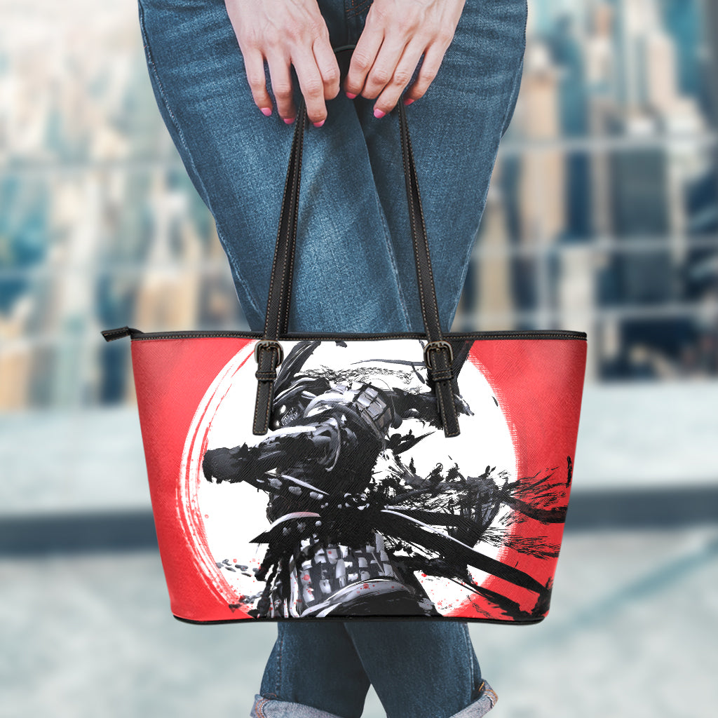Samurai And Crow Print Leather Tote Bag